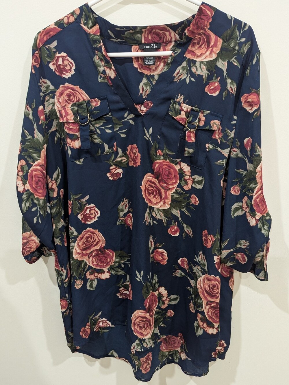 Rue21 Navy Tunic with Pink Rose Floral Print